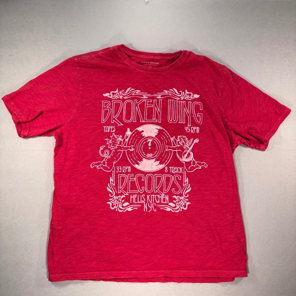 Lucky Brand Mens Red Broken Wing Records Hells Kitchen Graphic Tee 1XLT